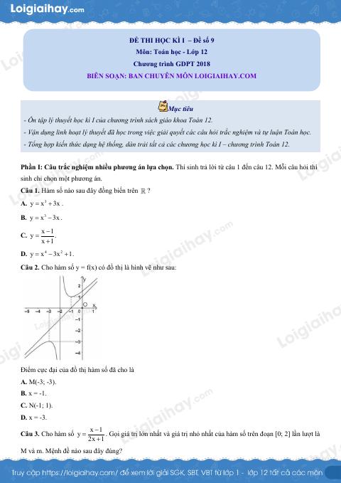Đề thi học kì 1 Toán 12 - Đề số 9